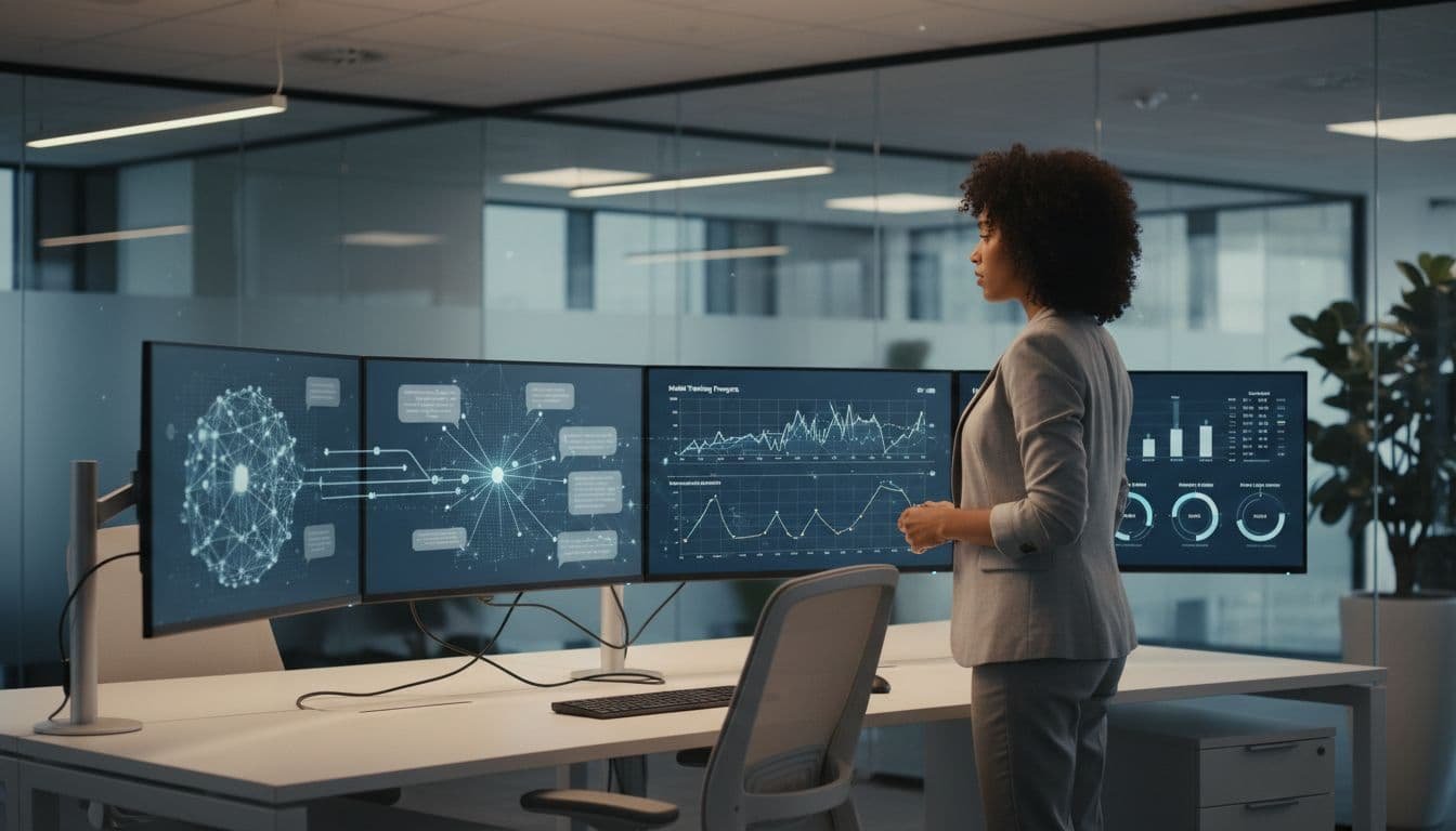 Diverse professional stands in modern office reviewing workstation screens with model training charts and data pipelines to neural networks.