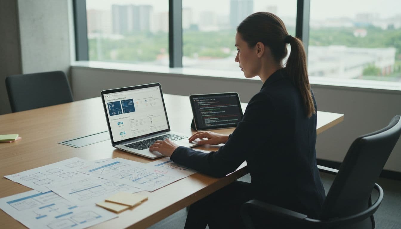 Photo-realistic image of a professional in a modern office preparing website data for AI training: one person at a desk with laptop open to a content management dashboard, scattered notes on website pages and data files nearby, clean natural lighting, high detail.