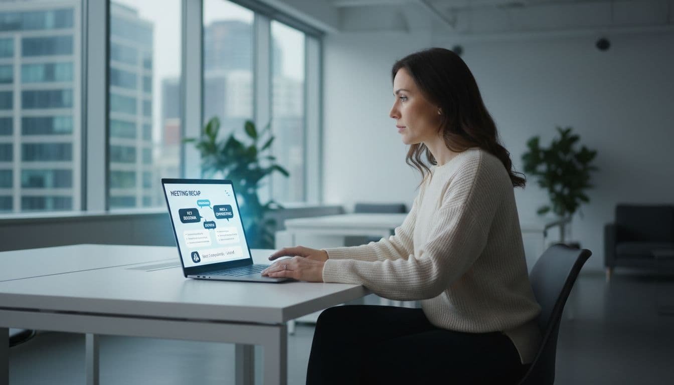 Professional seated at desk in modern open office views laptop screen showing meeting notes summary highlights.