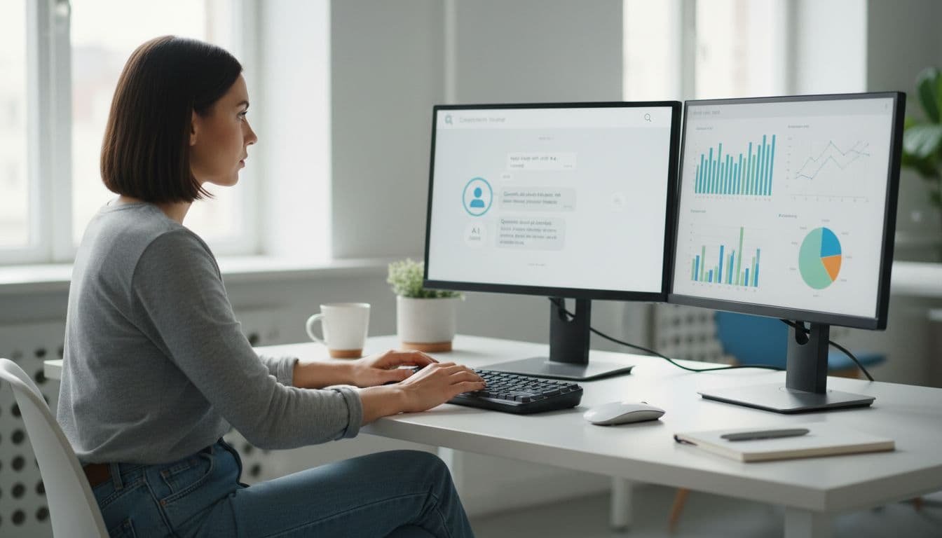 Photo-realistic image of a marketing team member at a workstation with dual monitors: one showing a live chat interface with simulated customer queries, the other with analytics, natural window light, high detail.