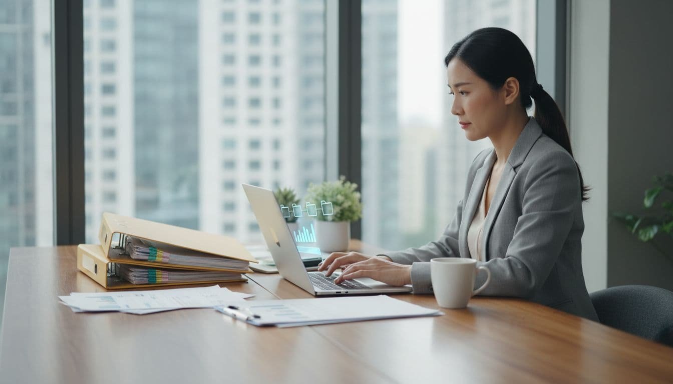 Photo-realistic image of a professional in a bright office transferring digital files from folders to a laptop with subtle progress indicator, organized desk, natural light, and modern tech vibe.