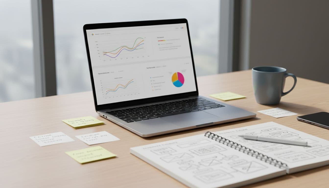 Close-up of clean desk with open laptop showing charts and bullets, scattered notes, coffee mug, and sketched notepad in natural light.