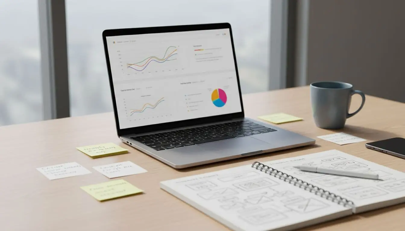 Close-up of clean desk with open laptop showing charts and bullets, scattered notes, coffee mug, and sketched notepad in natural light.