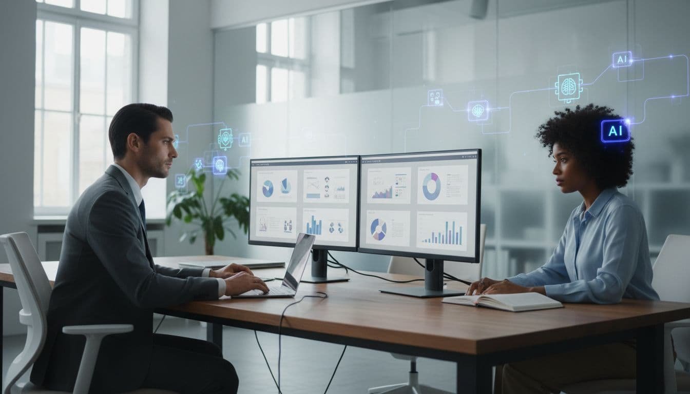Two professionals review presentation drafts on dual monitors in a modern workspace.