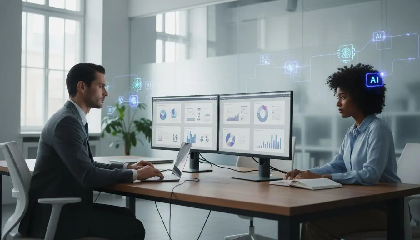 Two professionals review presentation drafts on dual monitors in a modern workspace.