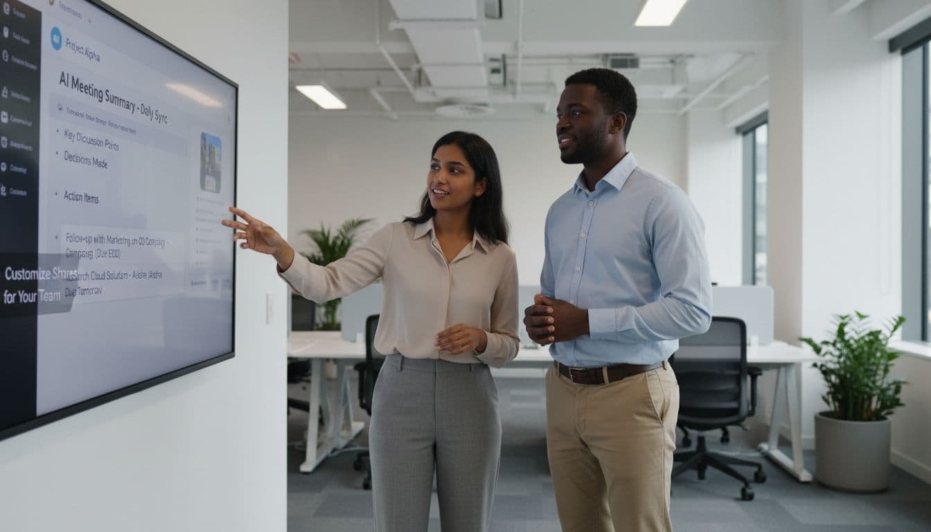 Two diverse professionals in an office collaborate, one pointing to a shared screen showing Slack channel with meeting summary and action items.