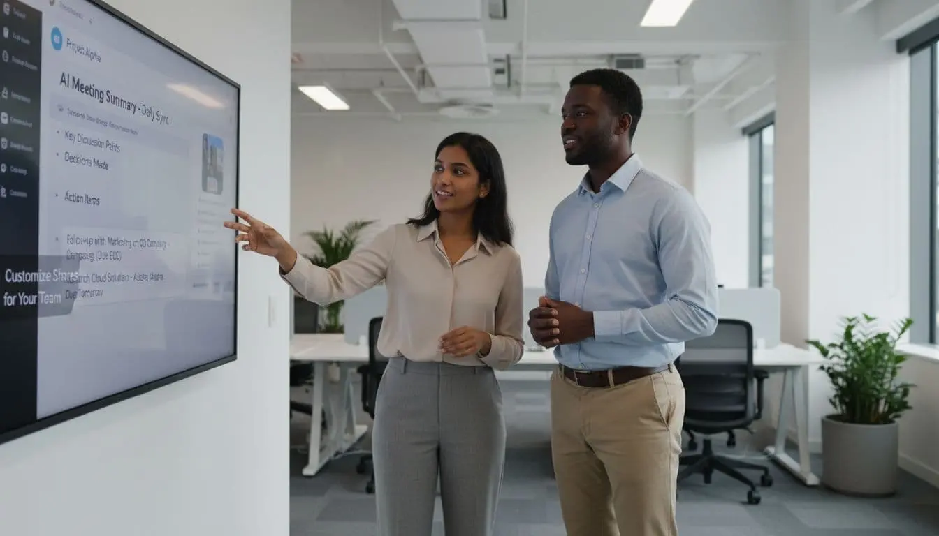Two diverse professionals in an office collaborate, one pointing to a shared screen showing Slack channel with meeting summary and action items.