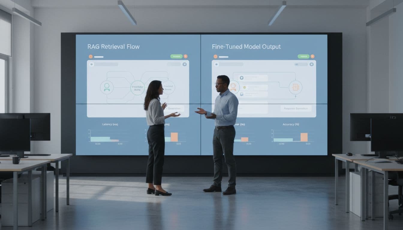 Two professionals in modern support room review large screen dashboard comparing RAG retrieval flow and fine-tuned outputs with latency accuracy charts.