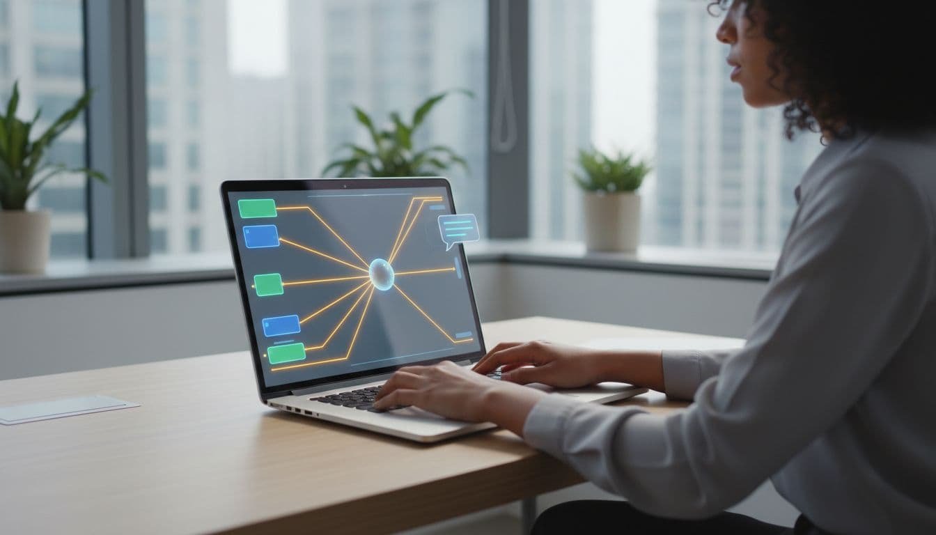 Professional at modern office desk views laptop screen with document chunks connected by glowing lines to chatbot response bubble.