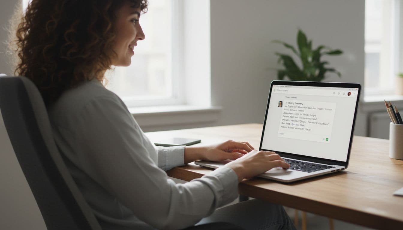 Remote worker in home office with laptop displaying Slack channel and meeting summary message.