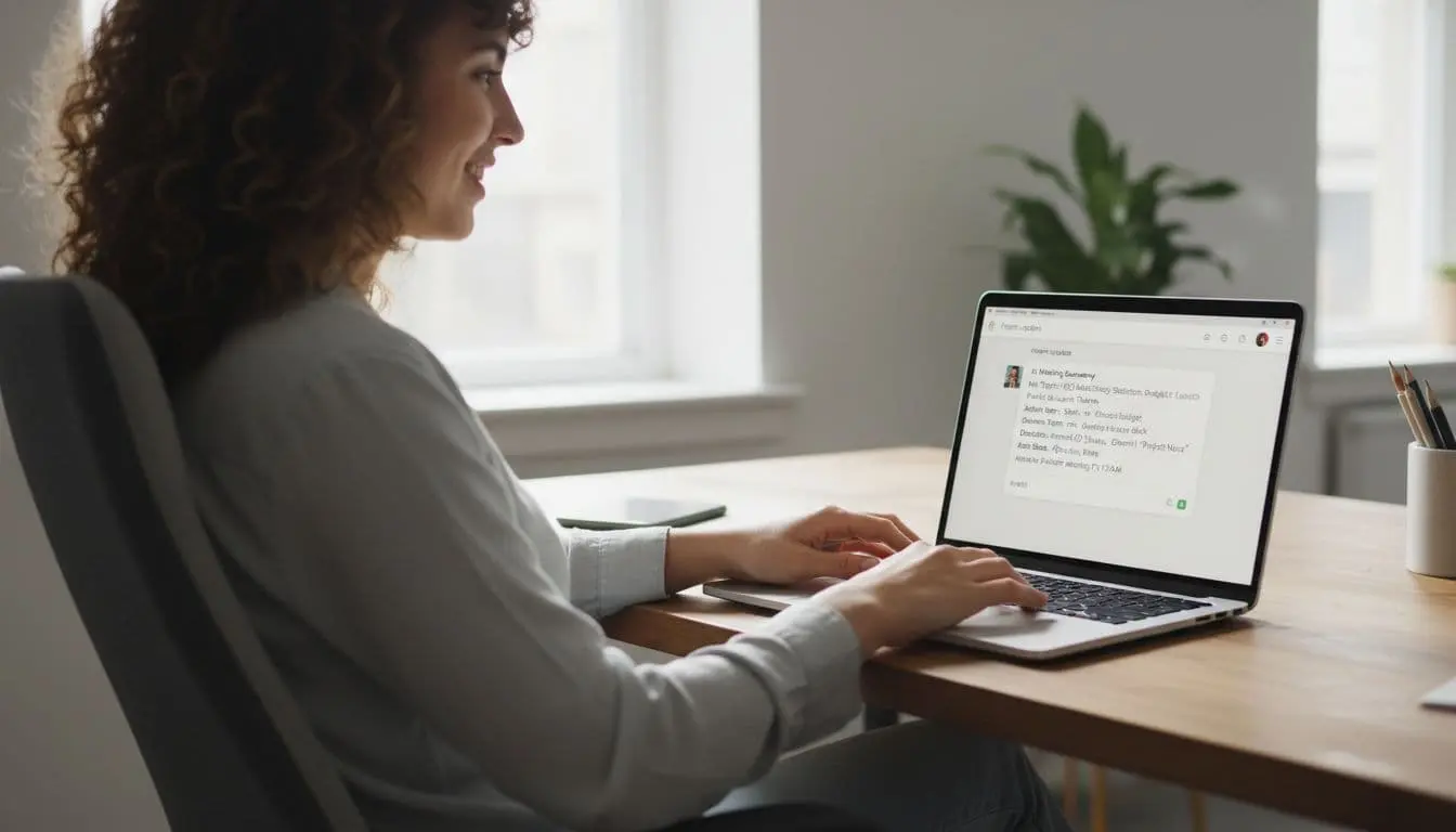 Remote worker in home office with laptop displaying Slack channel and meeting summary message.