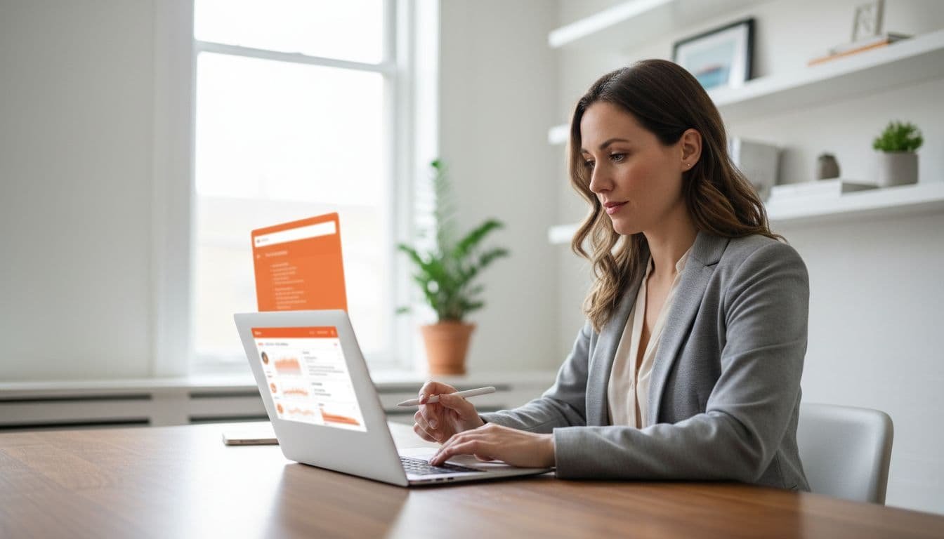 Photo-realistic image of a sales manager in a modern office reviewing AI-generated meeting notes on a laptop with a blurred HubSpot dashboard. Clean natural lighting, polished editorial style for US B2B audience, exactly one person present.