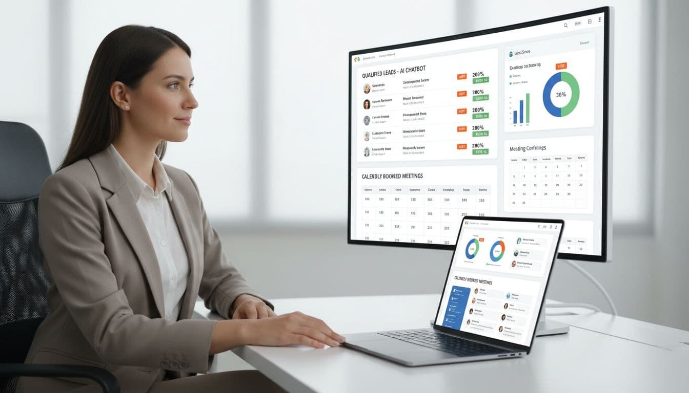 Photo-realistic depiction of a SaaS sales representative at a modern desk examining a CRM dashboard showing qualified leads from an AI chatbot and Calendly-booked meetings, in a clean B2B office setting with polished aesthetics.