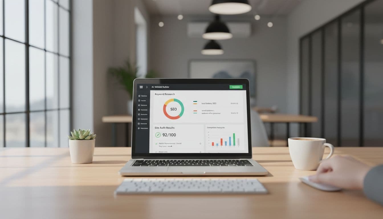 Modern office desk with open laptop showing SEO keyword charts and site audit results, coffee mug, hands resting nearby.