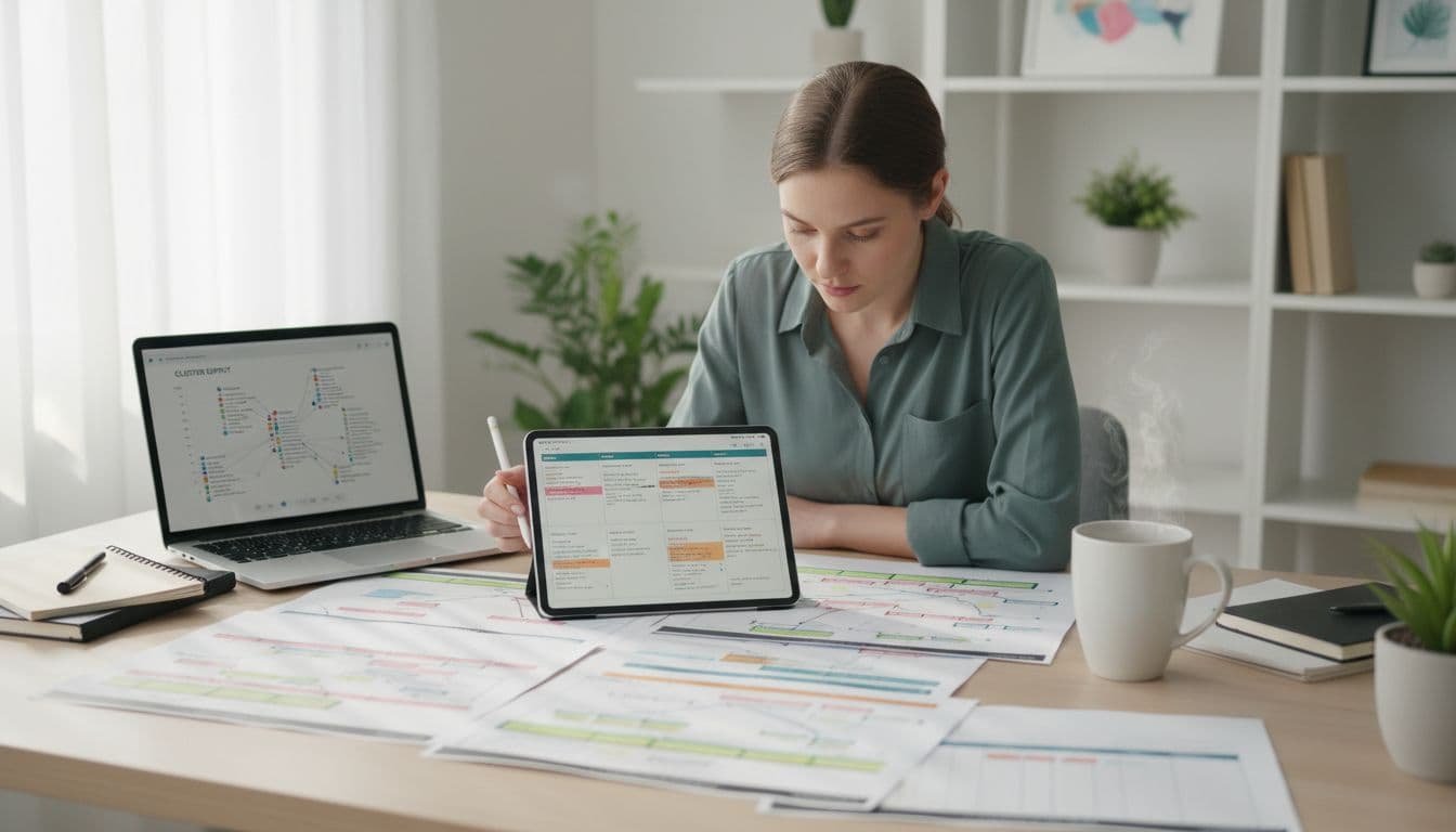 Photo-realistic landscape of an SEO expert in a bright workspace planning topical content strategy using printed keyword clusters and digital planner on the table, with laptop showing cluster output, focused one-person workflow in natural lighting and neutral tones.