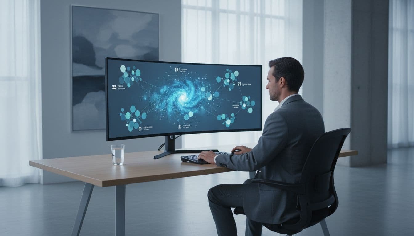 Photo-realistic landscape of one SEO strategist in a clean modern workspace reviewing keyword clustering visualization on a large curved monitor with grouped keyword maps and topical clusters, natural daylight, polished editorial style.