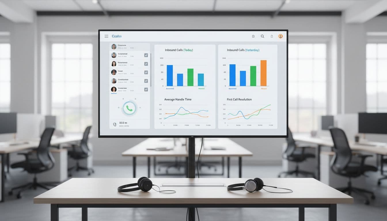 Shared CRM screen in open office displays telephony integration visuals and subtle inbound call metrics graphs, with two headsets on table.