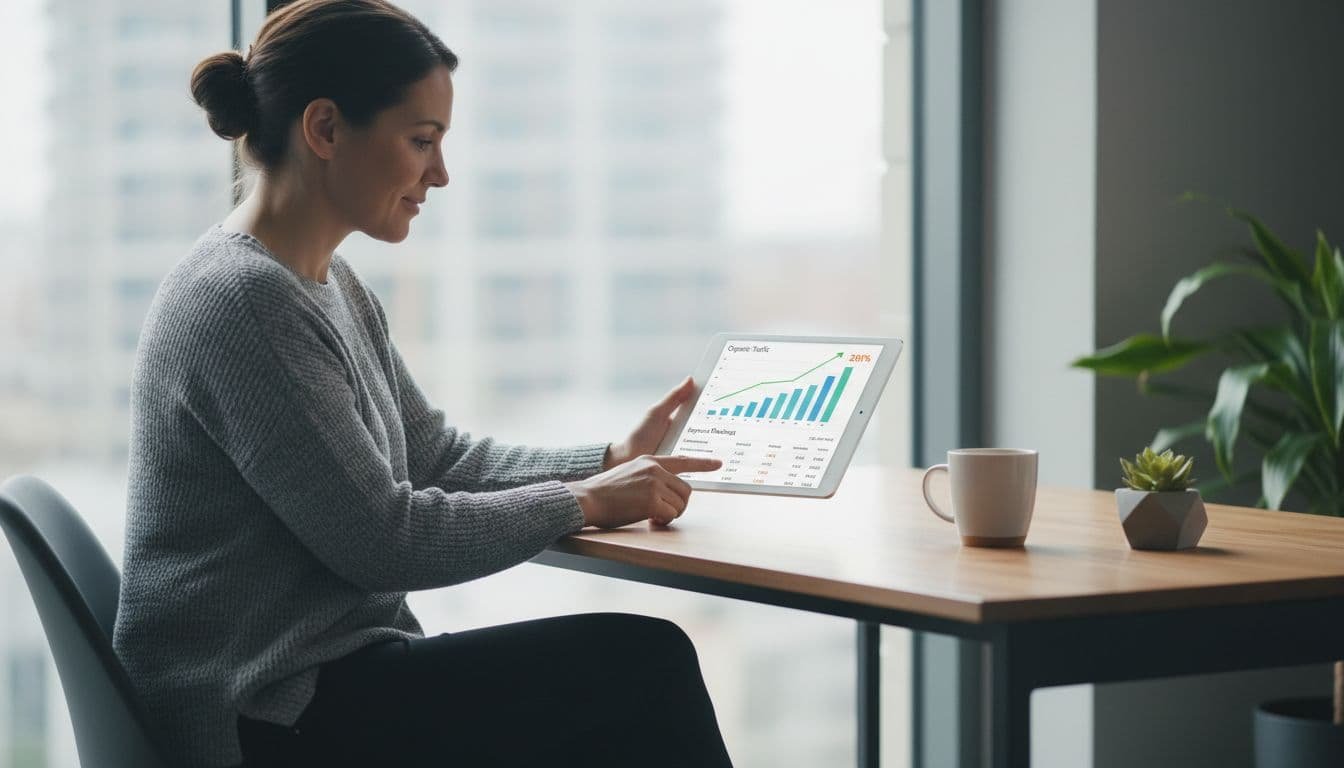 Small business owner in modern workspace reviews Google Analytics tablet dashboard showing traffic growth and keyword rankings, coffee on table, window light.