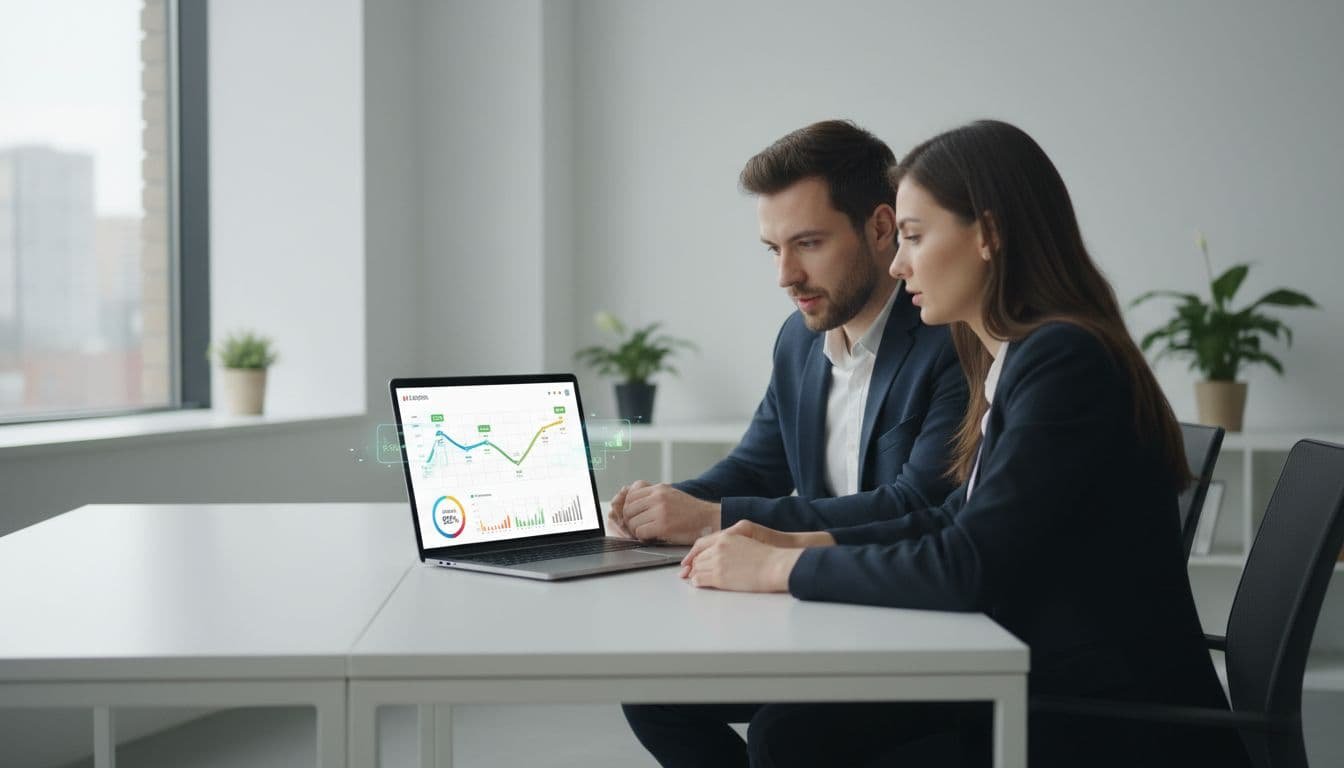 Two realistic professionals in a modern clean office collaborate by reviewing a shared laptop screen displaying CRM dashboard with subtle lead pipeline analytics and AI predictive scoring visuals, under natural window lighting.