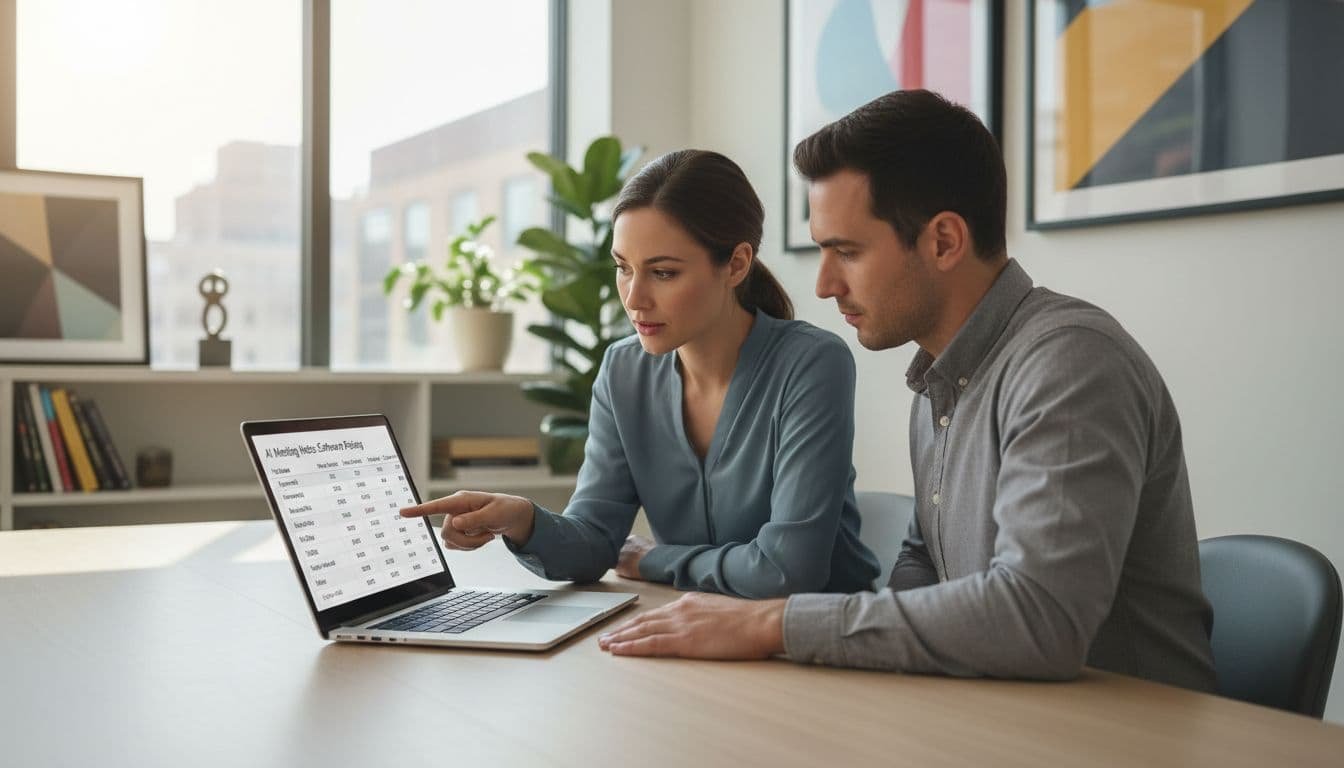 Two team members in a modern US office focus on a laptop screen displaying pricing charts for AI meeting notes software, captured in photo-realistic style with natural daylight.