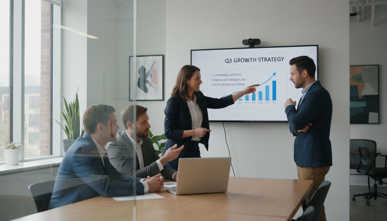 Three professionals in bright modern office discuss charts on laptop and wall display.