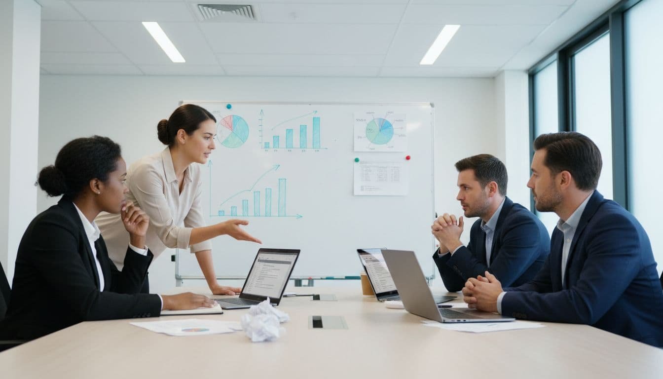 A small team of four people in a conference room brainstorming software budget, with a whiteboard showing simple charts behind them and laptops open to blurred pricing pages, in a photo-realistic style with bright office lighting and collaborative atmosphere.