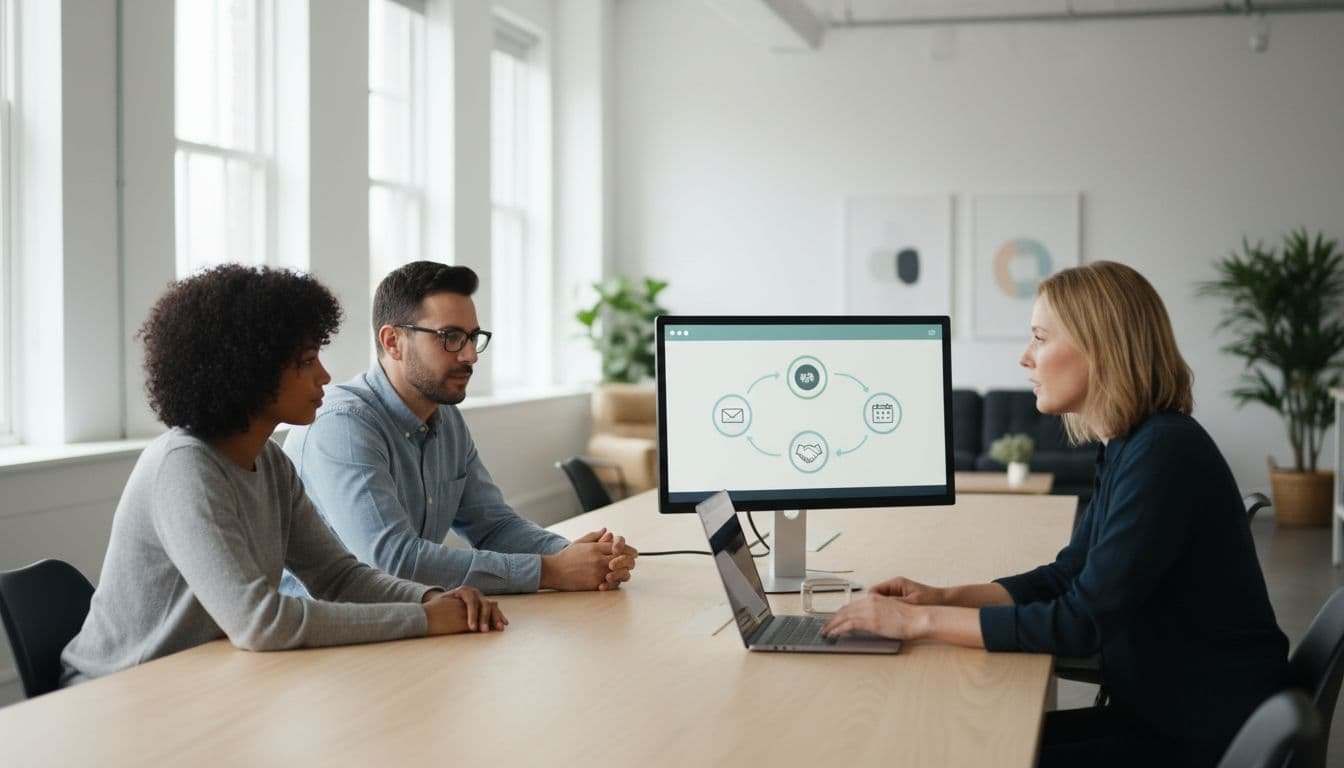 Three diverse professionals in a bright modern US coworking office gathered around a shared laptop and monitor displaying a simple workflow automation dashboard with email, CRM, and calendar icons connected by arrows.