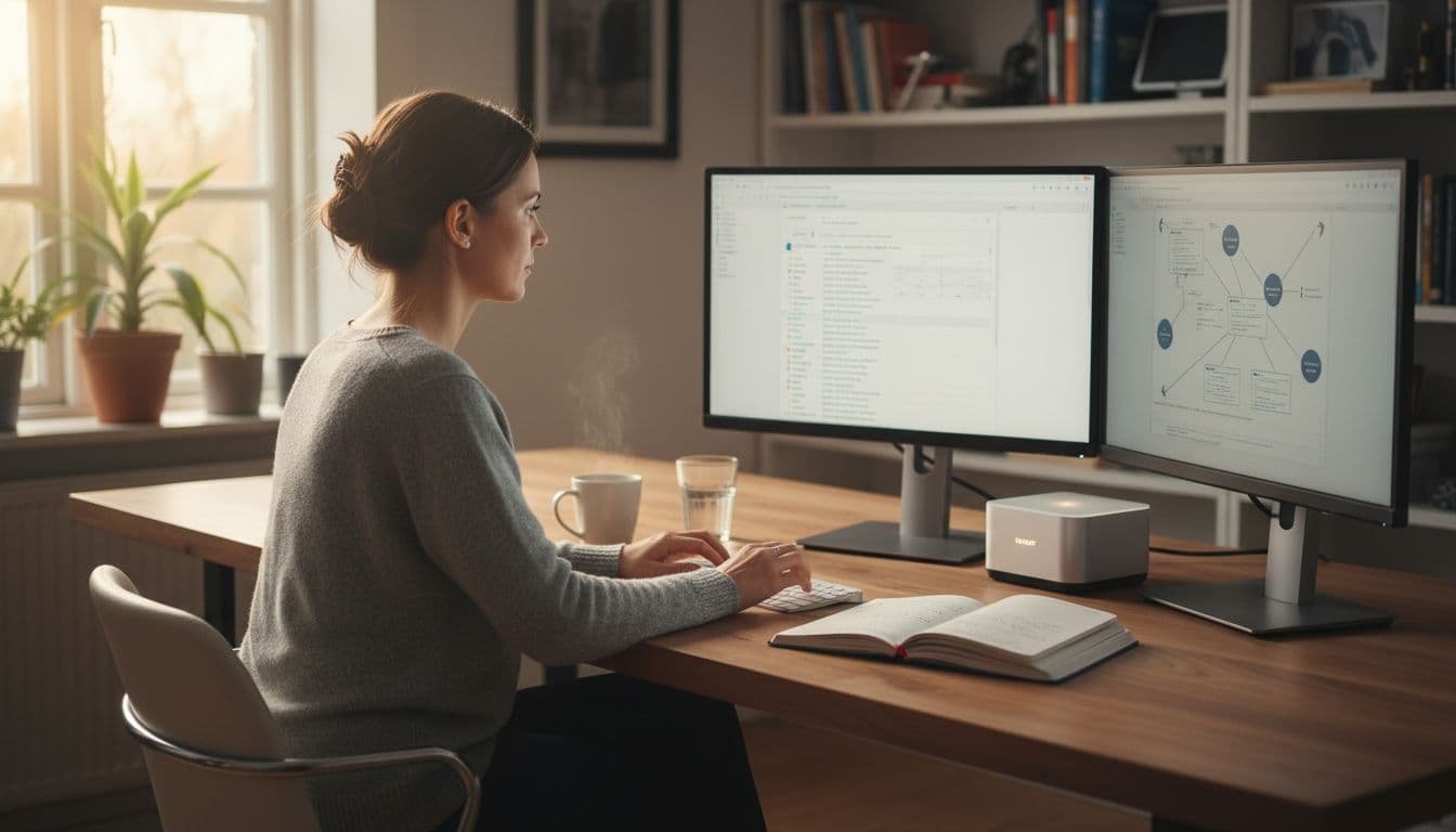Solo researcher focuses on dual-monitor setup in bright home office with notebook and coffee nearby.