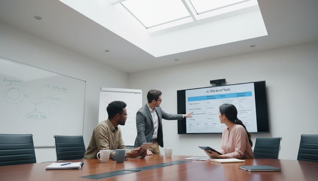 Photo-realistic scene of a diverse team of three professionals in a conference room, projecting a side-by-side comparison table of AI SEO brief tools from a tablet onto a wall screen, discussing metrics with relaxed poses amid whiteboard sketches.