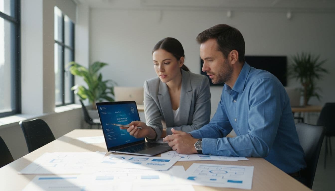 Photo-realistic image of two professionals in a modern open office collaboratively reviewing printed documents and digital files on a shared laptop screen, with one pointing to a specific section under natural daylight.