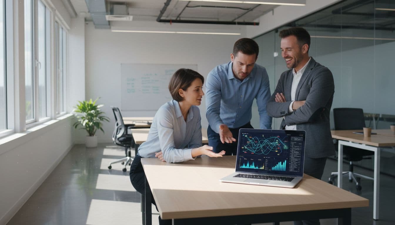 Three professionals discuss charts on a shared laptop in a modern office.