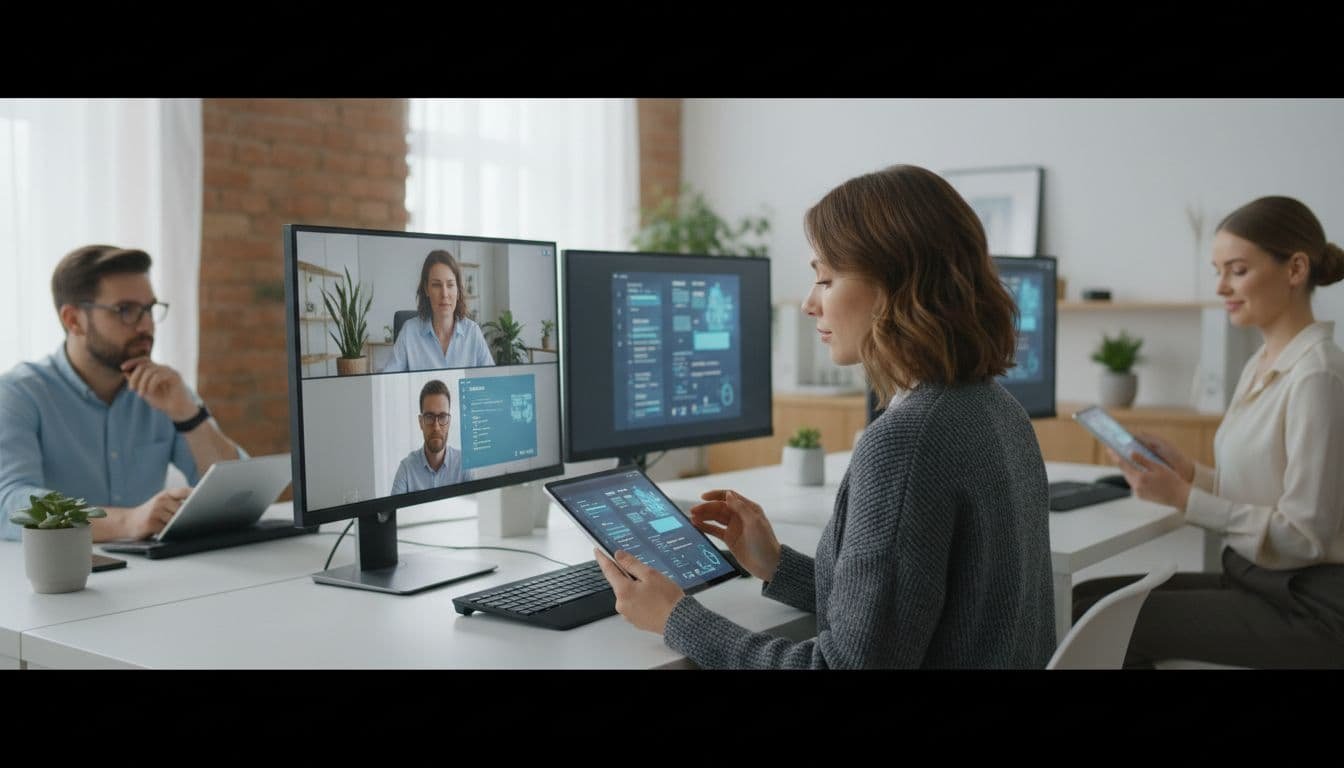 Three professionals in modern home offices engage in a video call, with one examining AI-generated meeting notes on a tablet amid soft natural lighting.