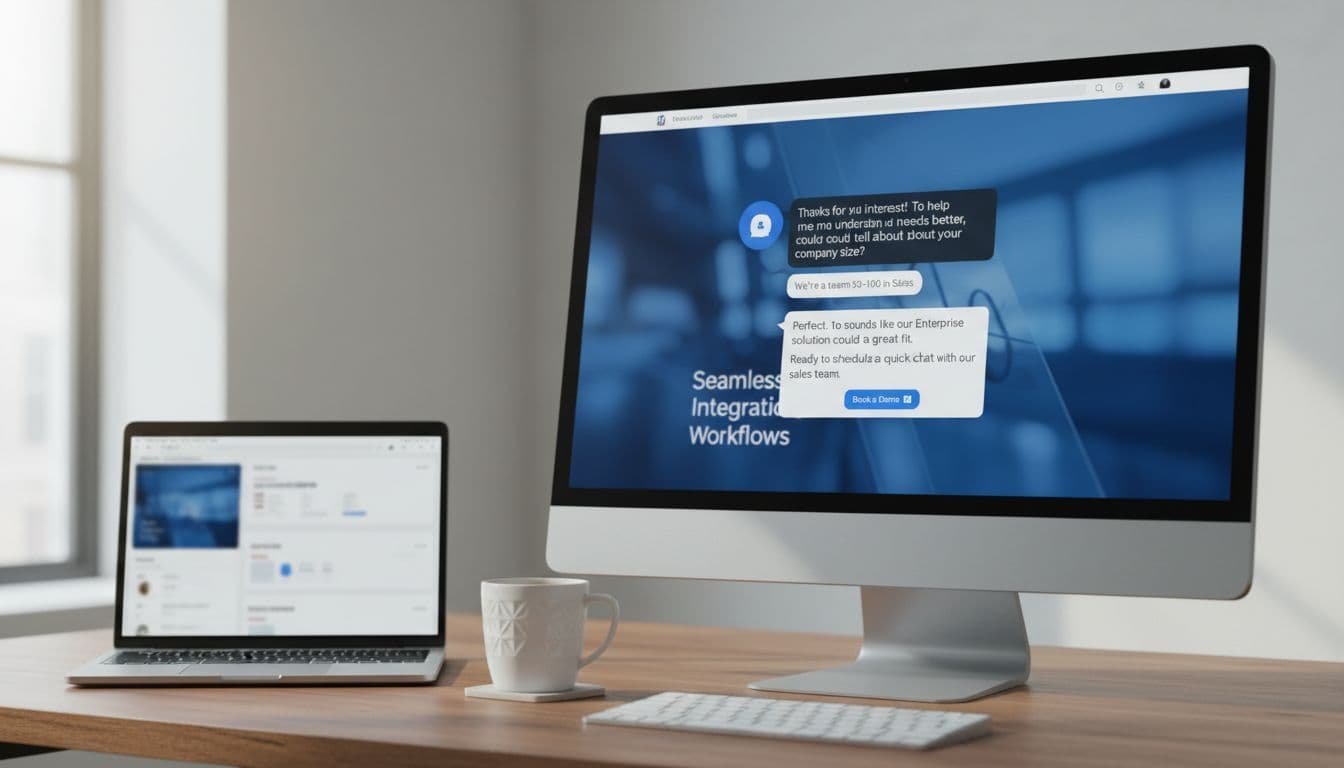 Photo-realistic 16:9 scene of a website chat widget on a desktop laptop screen in an office desk environment with coffee mug, displaying AI conversation qualifying a lead and offering Calendly booking, under natural professional lighting in clean B2B tech style.
