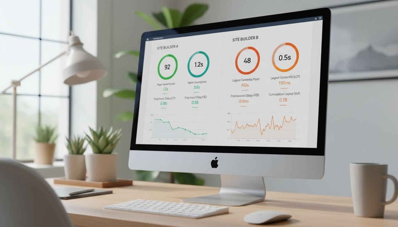 Desktop screen shows side-by-side page speed scores and core web vitals for two site builders in sunlit home office with keyboard and mouse.