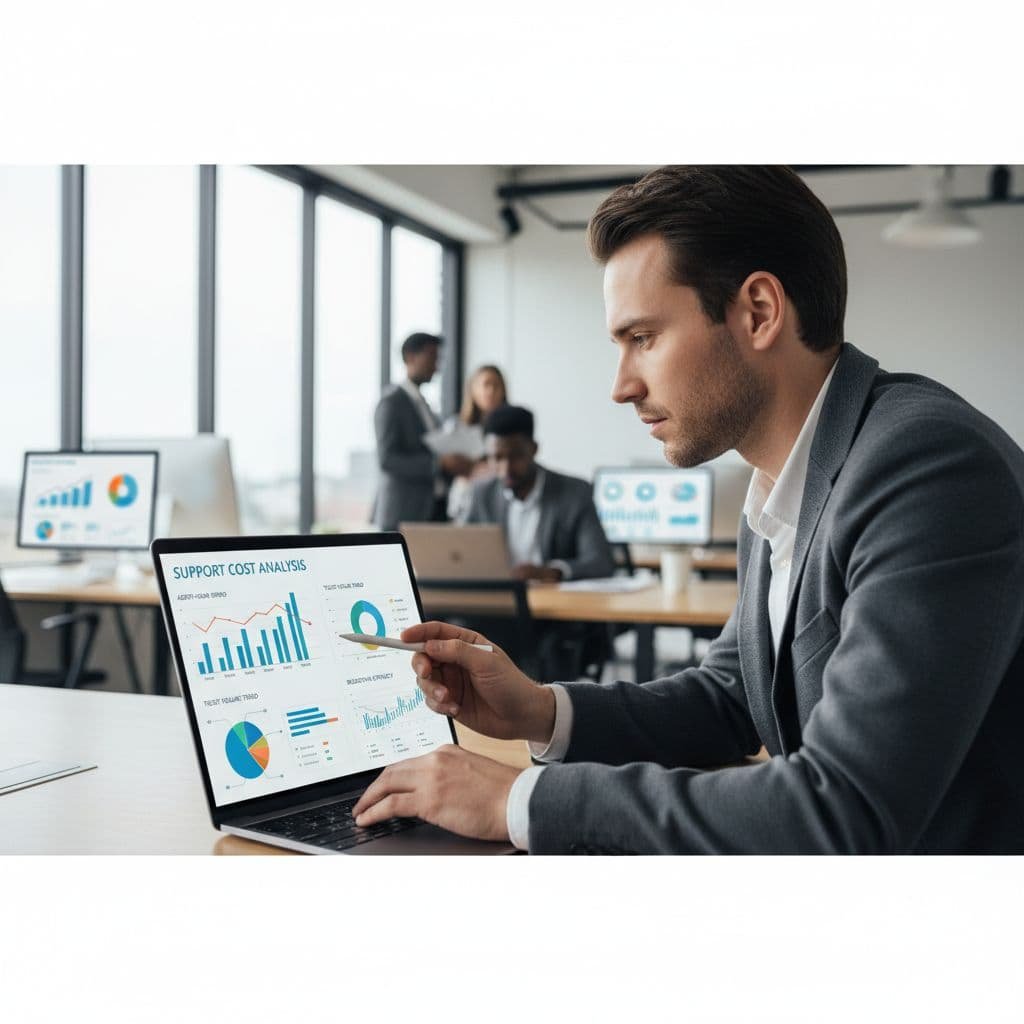 A professional examines financial charts and metrics on a laptop screen in a modern office.