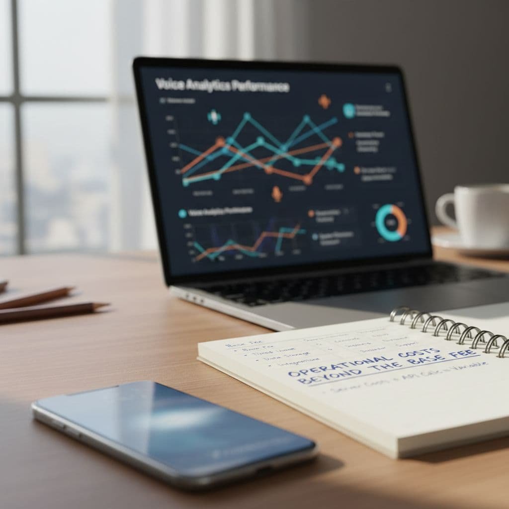 A wooden desk features a notebook with budget notes, a smartphone, and laptop graphs showing data analytics.
