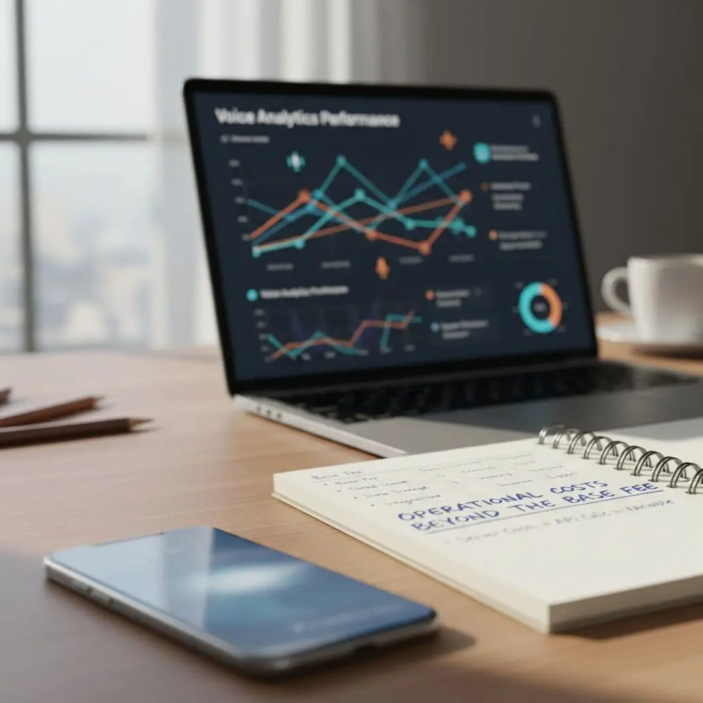 A wooden desk features a notebook with budget notes, a smartphone, and laptop graphs showing data analytics.