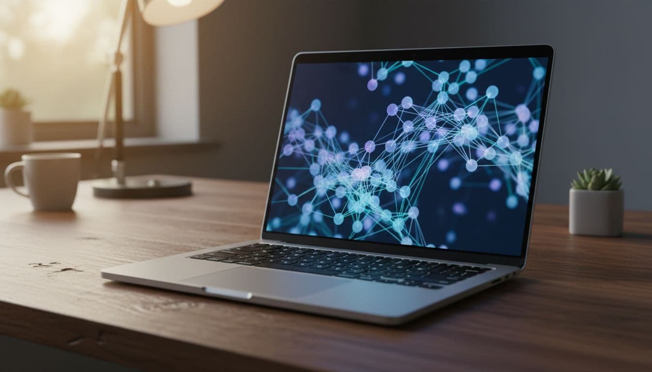 A laptop screen displays a complex node graph illustrating website link connections on a wooden office desk.