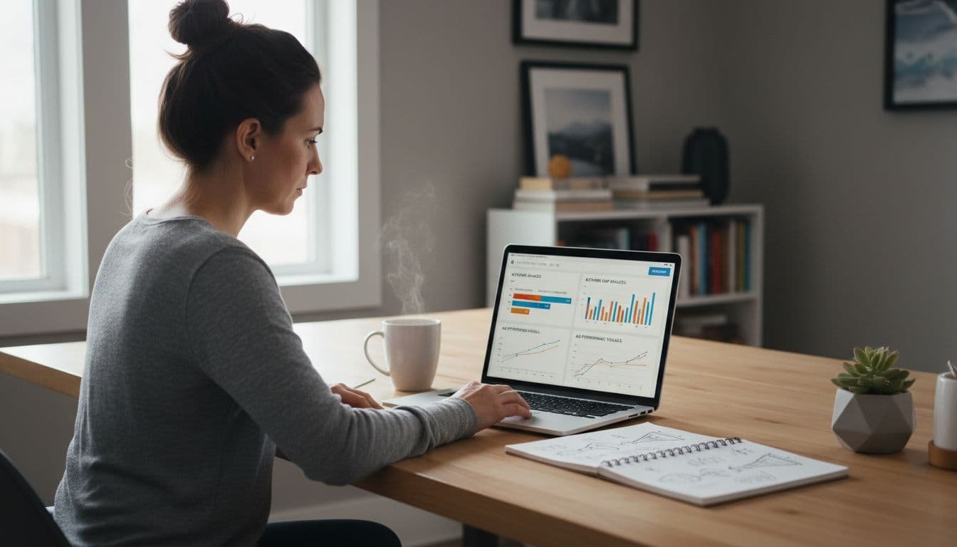 B2B marketer in home office focuses on laptop screen showing competitor strategy report with keyword gap analysis and ad performance visuals, notepad plant and mug on desk.