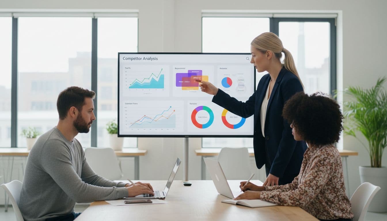 Three professionals in modern office gather around large monitor showing traffic graphs keyword charts and market share visuals one pointing others note on laptops.