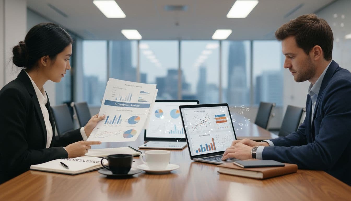 Two sales team members at conference table, one reviews printed reports, other types on laptop with visible comparison charts.