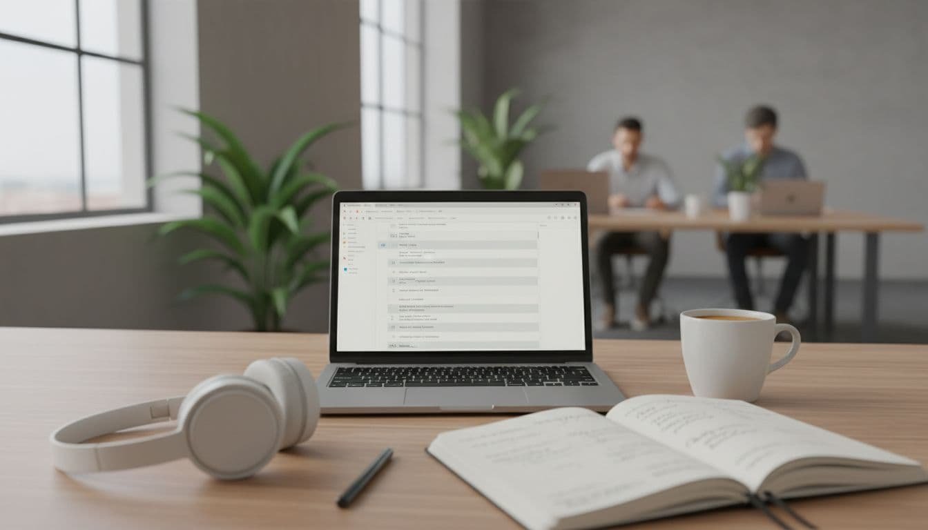 Clean desk with open laptop, coffee mug, and notebook with handwritten notes, blurred workspace background.