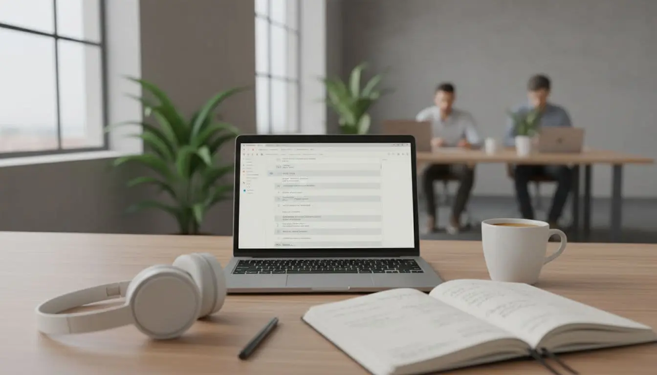 Clean desk with open laptop, coffee mug, and notebook with handwritten notes, blurred workspace background.