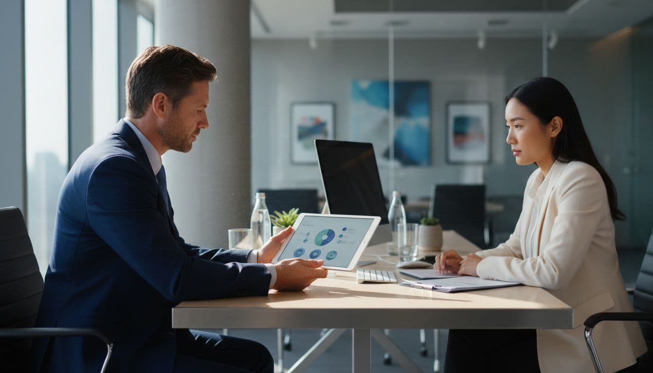 Two professionals at a modern office desk, client examining clean digital presentation on tablet.