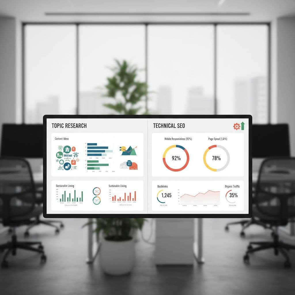 A computer monitor displays two software dashboards side-by-side featuring research data and SEO metrics.