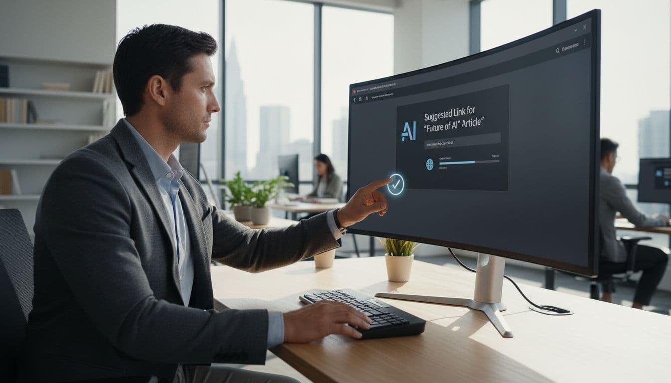 A focused professional works at a computer desk, reviewing link suggestions on a large monitor screen.