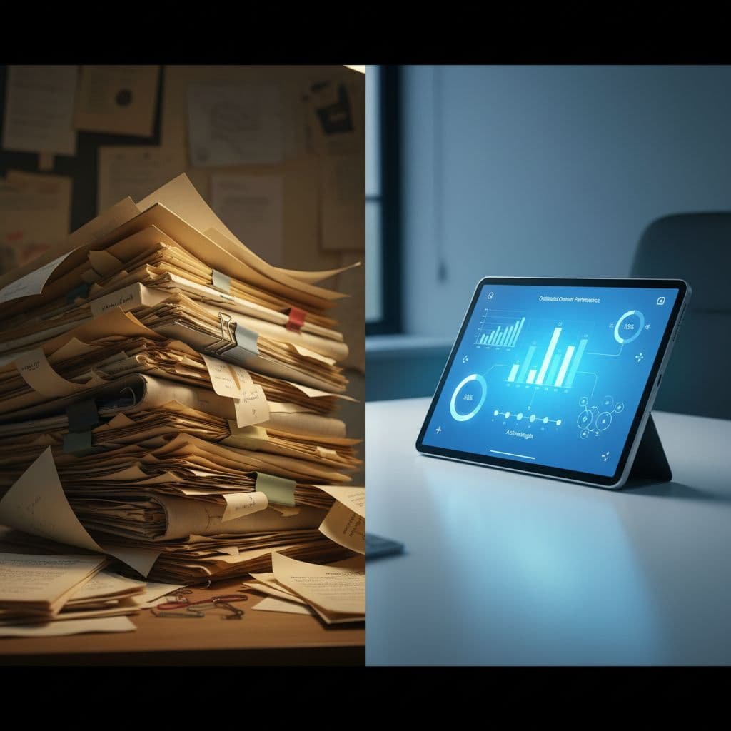 A split-screen comparison shows a messy pile of old papers against a glowing, modern digital tablet interface.