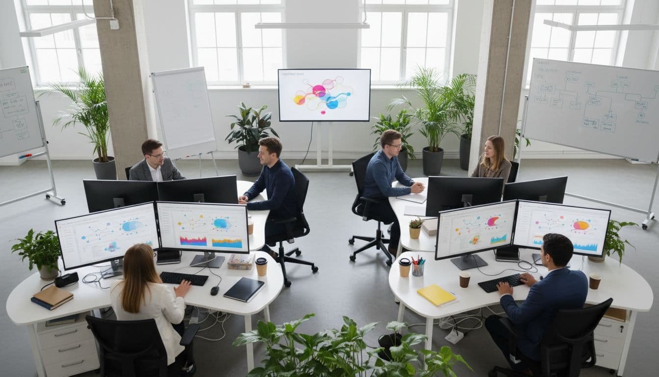 A creative team collaborates in a bright office while reviewing digital data dashboards on multiple monitors.