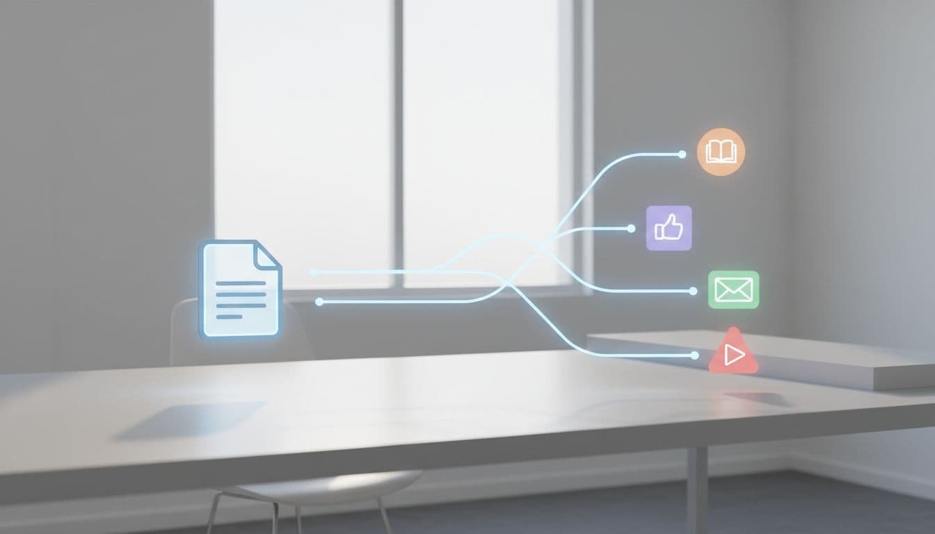 Split-scene shows document icon on desk with paths branching to blog, social post, newsletter, and video icons.