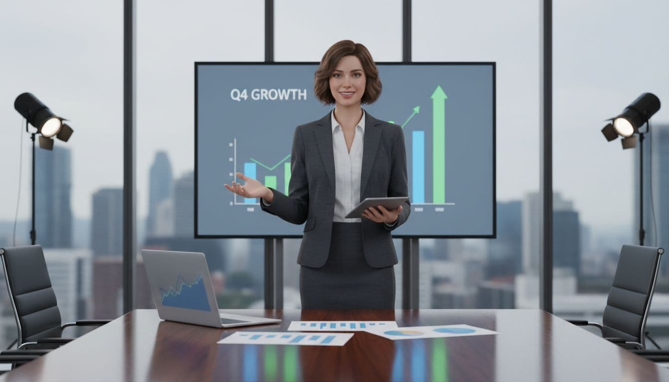 Presenter stands in modern boardroom gesturing at laptop and charts on conference table.